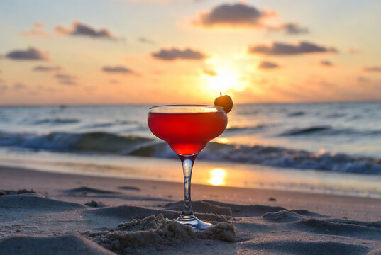 A cocktail rests on a sandy beach at sunset, with the ocean waves gently lapping nearby.