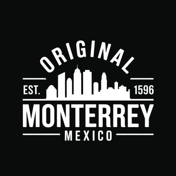Vintage style graphic featuring the monterrey skyline and established date