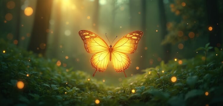 Golden butterfly glows in dark green forest with sunbeams. Tiny fireflies float around magical rich plants creating peaceful fantasy scene. Soft light illuminates nature.