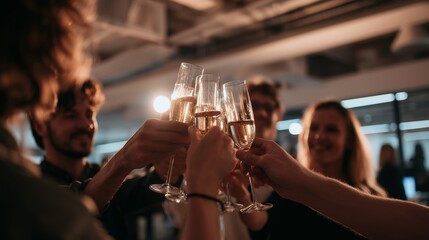 Fototapeta premium People celebrate with drinks at an event in a modern indoor space during evening hours