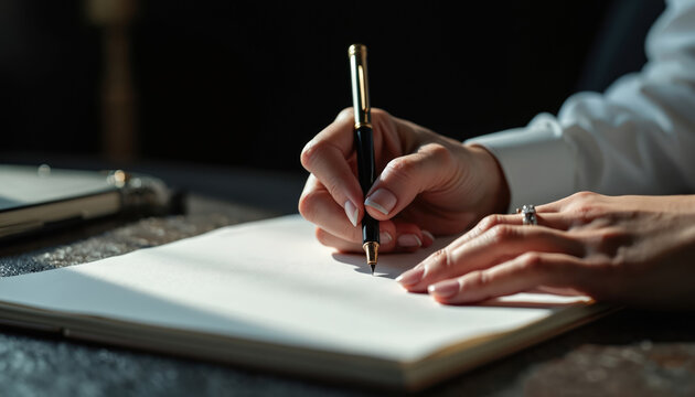 Woman hand in white shirt holds elegant pen writing on blank notebook page. Focused woman hand with ring at dark desk, composing note or letter. Copy space for text.