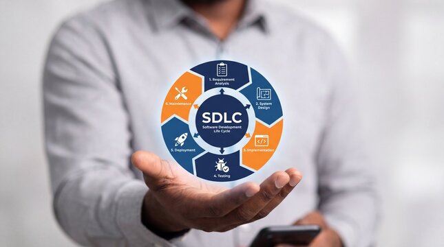 Businessman holding digital sdlc software development life cycle diagram