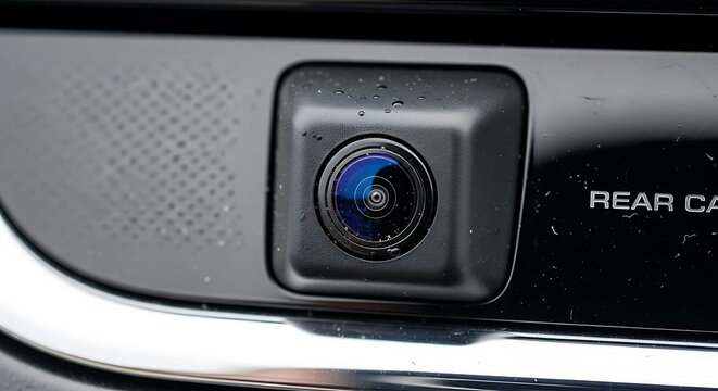 Close up of a modern car rear view parking camera lens.