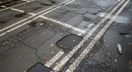 Fototapeta premium Damaged Asphalt Road Surface with White Painted Lines.