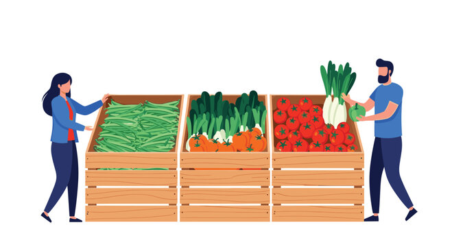 Customers selecting fresh vegetables like tomatoes, green beans, and radish from wooden crates in a grocery store or market.