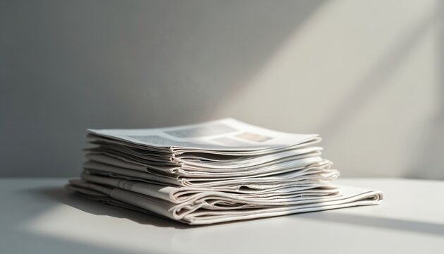 Stack of folded newspapers sit on a light grey table. Soft window light casts shadows across the papers and background wall. Clean minimal setup for news or media concepts.