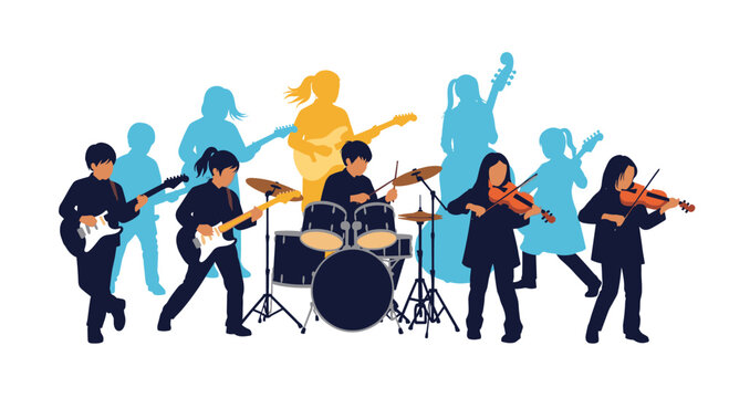 Group of young children musicians playing various instruments like guitar, drums, and violin in a school band or music class.