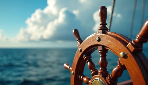 Ship wheel on boat sailing ocean. Old wood helm guides vessel through blue water under cloudy sky. Nautical journey adventure, exploration, freedom.