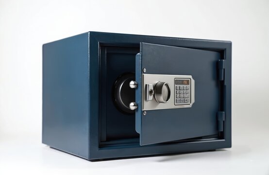 Opened blue metal safe with digital keypad and dial lock for storing valuables. Secure steel box for cash money or important documents. Home office vault.