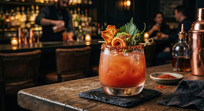 Craft cocktail garnished with fruit and herbs on a stylish bar counter.generative AI