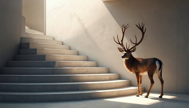 Majestic buck with large antlers stands inside modern concrete building near minimalist staircase. Light and shadow play on clean walls and stpic. Animal appears calm, contemplating ascent.