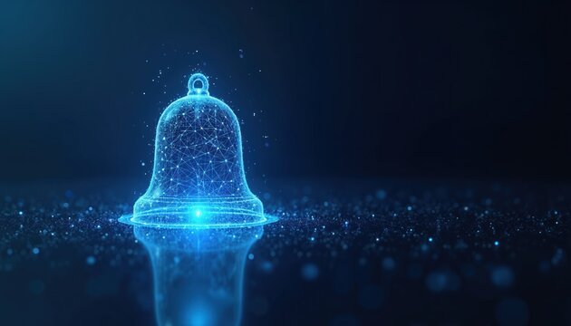 Digital blue bell shape made of connected lines and dots. Glowing futuristic symbol floats on dark background with scattered particles. Represents alerts or notifications.