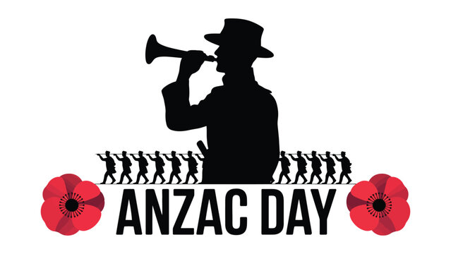 anzac day remembrance illustration with soldier silhouette playing bugle and red poppy flowers honoring australian and new zealand army corps sacrifice, lest we forget tribute design 