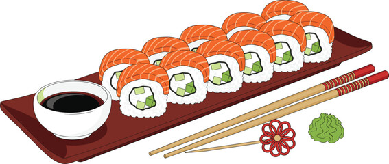 Large Platter of Fresh Salmon Sushi Rolls with Avocado Filling Served with Soy Sauce, Wasabi, and Bamboo Chopsticks Vector Illustration for Dining © AlviAhmed