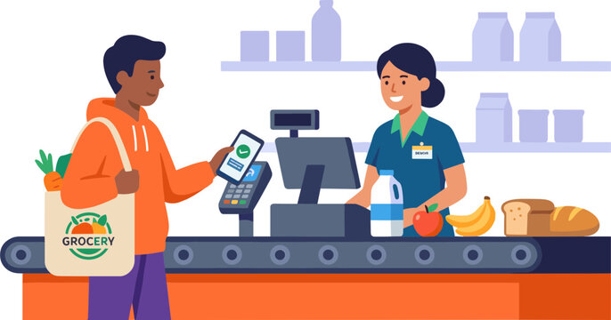 Man pays for groceries using phone at store checkout counter with attendant