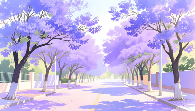 Blooming purple jacaranda trees creating a romantic summer mood