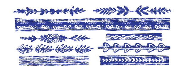 Blue hand-drawn linocut borders and floral dividers. Set of vintage indigo ink ornaments, decorative woodcut elements and naive leaf patterns. Vector brush strokes for cards and invitations © Maria Petrish