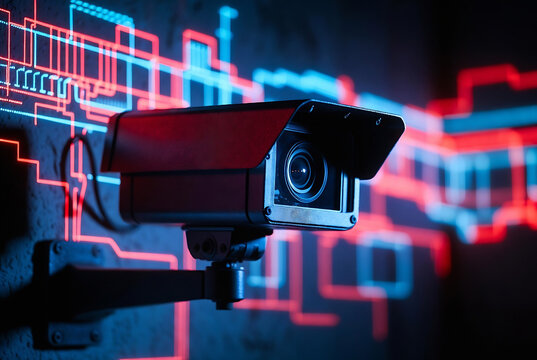 A security camera is overlaid with digital code, suggesting surveillance and data collection in a dark urban environment.