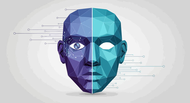 Geometric polygonal face with technology and human elements