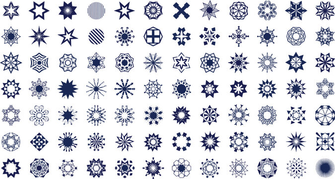 Geometric Snowflake and Mandala Star Icons Collection with Ornamental Winter Shapes Symmetrical Decorative Patterns Vector Set