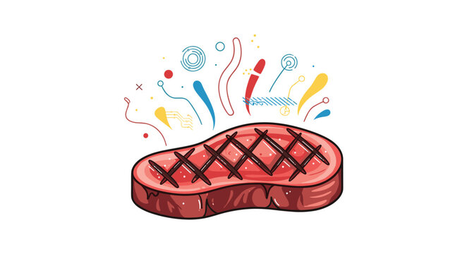 Delicious grilled steak with distinct grill marks and colorful abstract seasonings and steam rising above it on a white background.