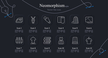 Fototapeta premium Sewing craft set icon. Electric iron, zipper fastener, safety pin, fabric roll, thread spool, sewing pattern, pin cushion, dress mannequin, folded textiles, evening dress, metal thimble