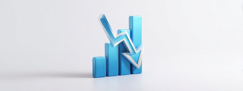 Blue 3D chart with downward arrow representing decline, crisis, loss and economic downturn concept in minimal clean style. banner 