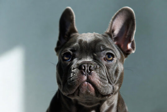 A gray French bulldog is looking directly at the camera with a slightly quizzical expression. It&rsquo;s indoors, likely in front of a window.