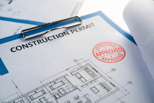 A construction permit is pinned to a blueprint, signifying project approval. It&rsquo;s taking place in an office setting.