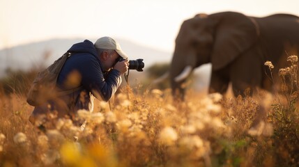 Fototapeta premium Wildlife photographer capturing elephant in natural habitat during golden hour