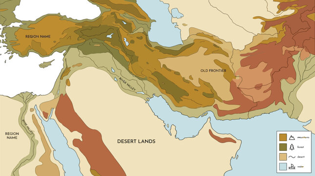 Middle East map illustrates geographical regions including desert lands and mountain ranges with a clear legend for cartographic study.