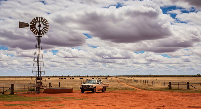 White utility truck parked beside a windmill and water trough in a vast outback paddock under big clouds