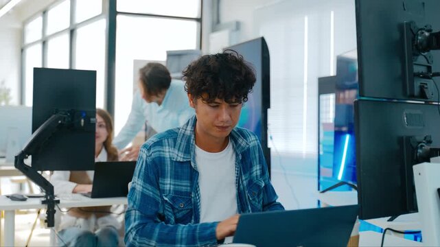Young male,Adult female freelance typing write prompt AI bot IT app smart program,develop agentic ai,terminal with coding language,ux ui interface,designer,big data server center,quantum computer.