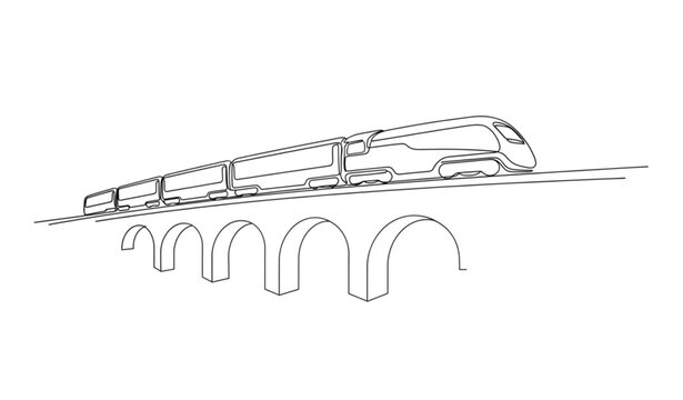 Minimalist line drawing of a high speed train on elevated tracks