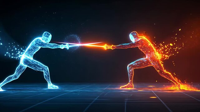 Two digital warriors battle with glowing blue and orange swords in a virtual arena at night creating sparks during the fight