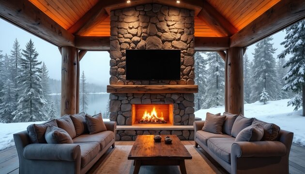 Cozy living room with stone fireplace and comfy sofas. Large TV mounted above hearth. Expansive windows reveal snow covered forest and lake view. Perfect for winter relaxation.
