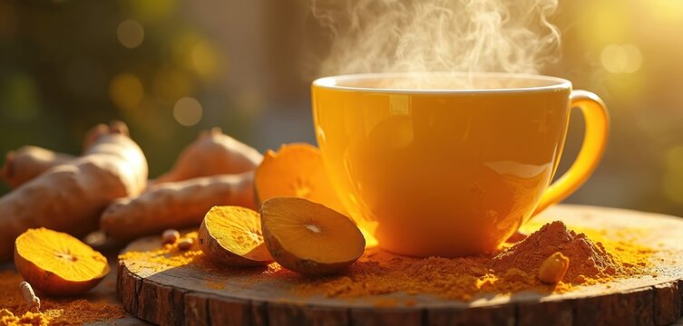 Steaming cup of golden turmeric tea sits on rustic wood with fresh turmeric root and powder. Warm aromatic beverage for wellness comfort and healthy lifestyle.