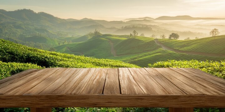 The Wooden Table Overlooking Lush Tea Plantation Hills At Sunrise With Misty Valleys