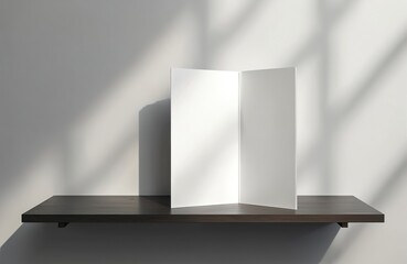 Fototapeta premium Blank white four fold brochure stands on a dark wood shelf. Shadows from leaves fall across a plain wall. Minimalist scene presents a template for business or event.