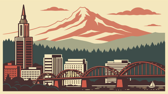 Minimal Portland OR cityscape vector with mountain range