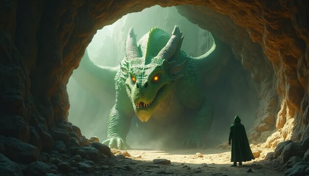 Green dragon guards cave entrance. Person in cloak approaches mighty reptile. Ancient mythical creature looms over visitor. Scene set in dark rocky cavern.