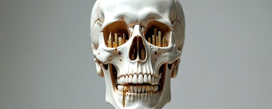 Human skull holds golden city skyline in eye sockets. Dripping gold from teeth suggests wealth or decay. Metaphorical art for materialism, mortality, or urban life.