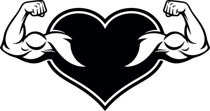 Strong Heart with Flexing Muscle Arms Black and White Vector Logo Design for Fitness, Gym, Health, Sports, and Motivational Brand Projects