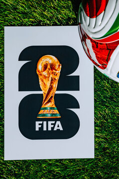 FIFA World Cup 2026 Official Ball on Field Featuring USA, Canada and Mexico Logo