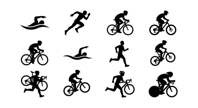 Triathlon athlete silhouettes set, 12 swimming running and cycling icons, black sports vector elements for race competition and fitness design