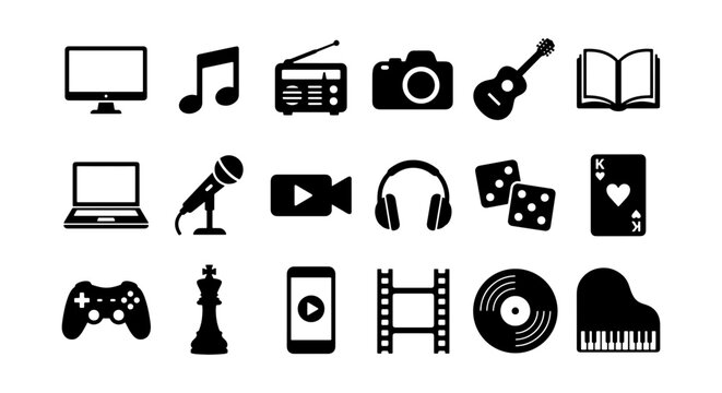Minimalist entertainment icons set, black multimedia symbols for leisure and hobbies, 18 vector elements for web and app interface design