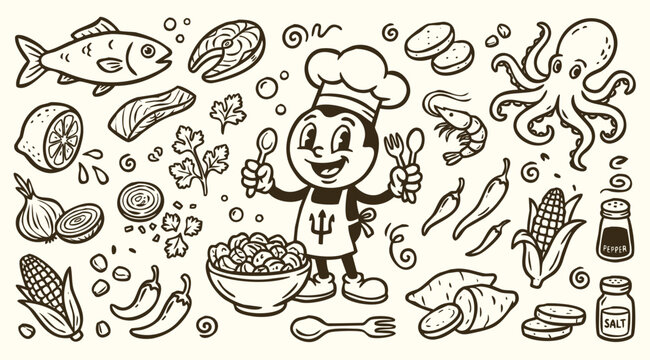 Vintage 1930s Rubber Hose Style Chef and Peruvian Ceviche Seafood Ingredients Doodle Set