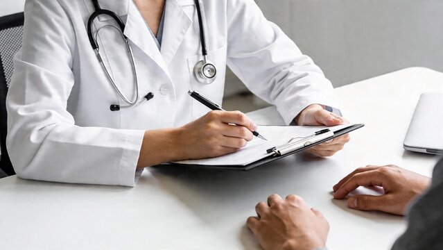 A female doctor in a white coat reviewing documents at a clinic desk, emphasizing healthcare professionalism and patient interaction.