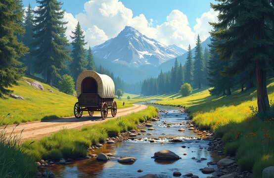 Covered wagon travels on dirt road beside river. Conestoga wagon journeys through green valley with pine trees and snow capped mountain backdrop. Peaceful nature scene.