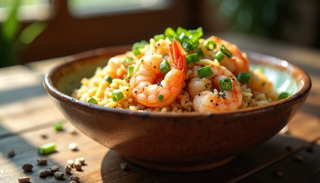 Bowl of shrimp fried rice with green onions on top. Rice dish with seafood and vegetables. Delicious asian cuisine, main course lunch or dinner.